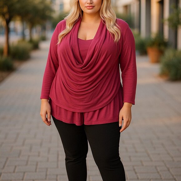 FEVER Raspberry Pink Faux Wrap Top 1X Long Sleeve Knit Draped Baggy Loose Fit - Picture 15 of 15